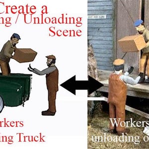 May include: A diorama scene depicting workers unloading a truck and a dock. The text reads "Create a Loading/Unloading Scene" and "Workers unloading Truck" and "Workers unloading on Dock". The figures are wearing work clothes.