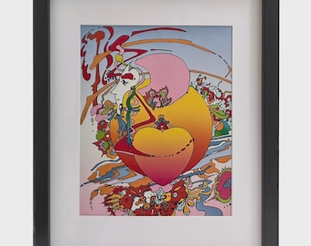PETER MAX "Heart Orange" Lámina de arte pop psicodélico enmarcada, lista para colgar en la pared.