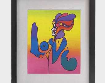 PETER MAX "Amor" Lámina de arte pop psicodélico enmarcada, lista para colgar en la pared.