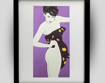 Lámina decorativa de pared enmarcada estilo Art Déco retro de la era Playboy de Patrick Nagel (años 80).