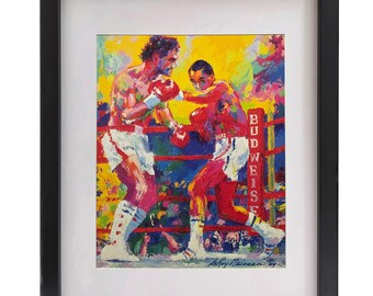 LEROY NEIMAN "Leonard vs. Duran" Lámina firmada, estilo vintage, enmarcada, con arte deportivo de boxeo para decoración de pared.