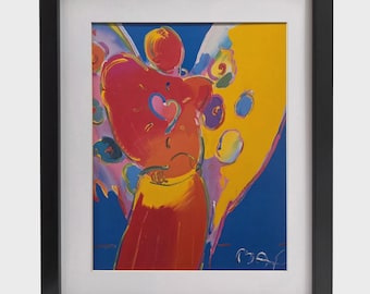 PETER MAX "Ángel con corazón" Lámina firmada, enmarcada, de arte pop psicodélico, lista para colgar en la pared.