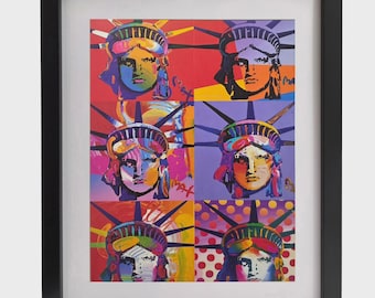 PETER MAX "Liberty Heads" Lámina firmada, enmarcada, de arte pop psicodélico, lista para colgar en la pared.