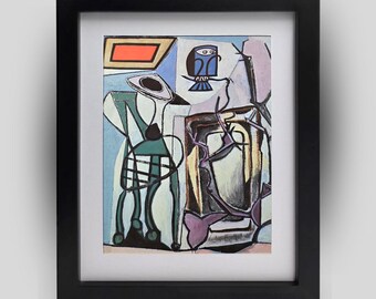 PABLO PICASSO “Búho Azul” Lámina de arte abstracto moderno enmarcada para decoración de pared, lista para colgar.