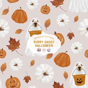 Dog Pumpkin Ghost Halloween Seamless Pattern | Autumn Repeat Pattern, Halloween Pattern, Cozy Halloween Seamless Pattern PNG