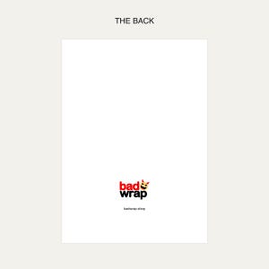Product diagram showing the white card back with the red-and-black BADWRAP logo and badwrap.shop near the bottom.