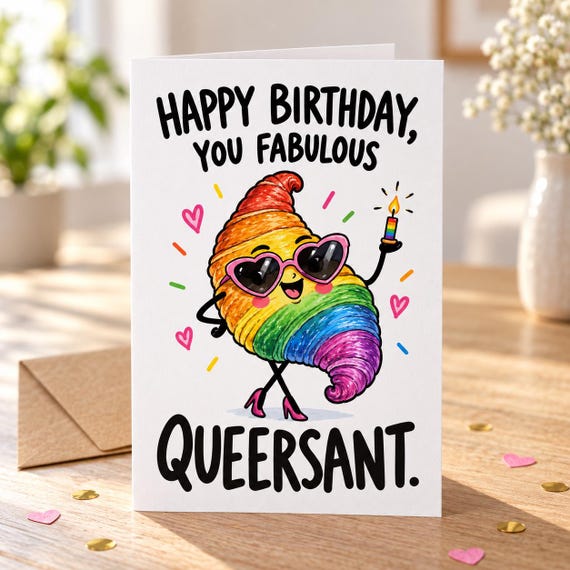 Queersant rainbow croissant birthday card in a lifestyle mock-up