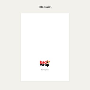 Product diagram showing the white card back with the red-and-black BADWRAP logo and badwrap.shop near the bottom.