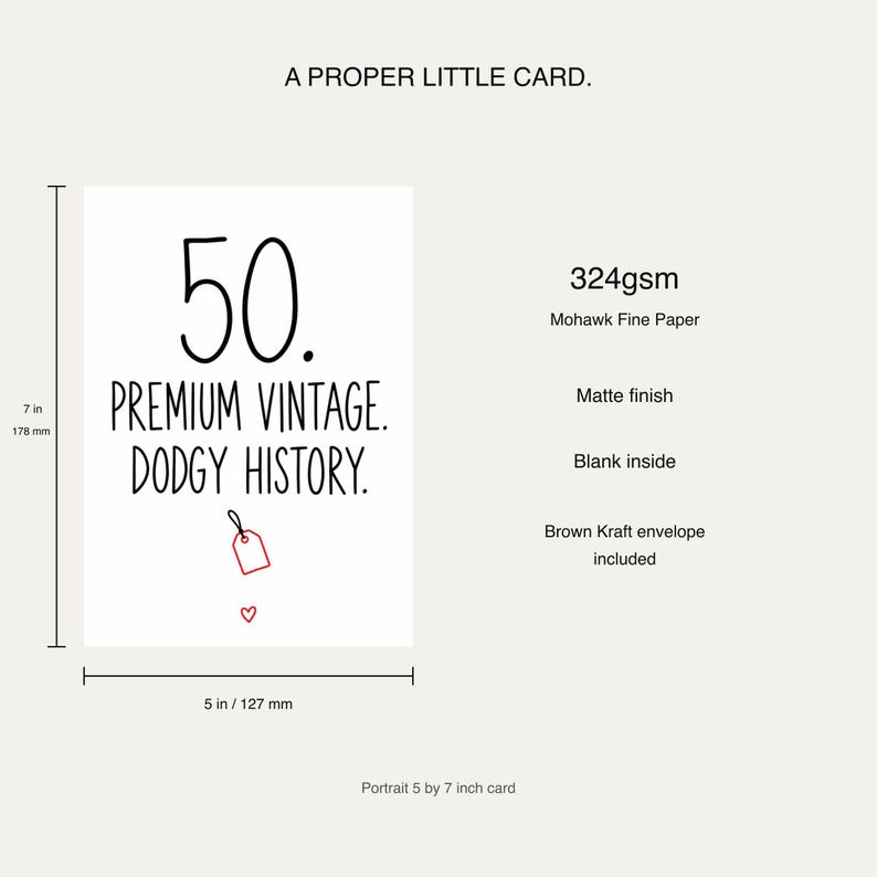 Card size and materials diagram: 7 by 5 inches, nominal 178 by 127 mm, 324gsm matte Mohawk Fine Paper, blank inside, with a brown Kraft envelope included.