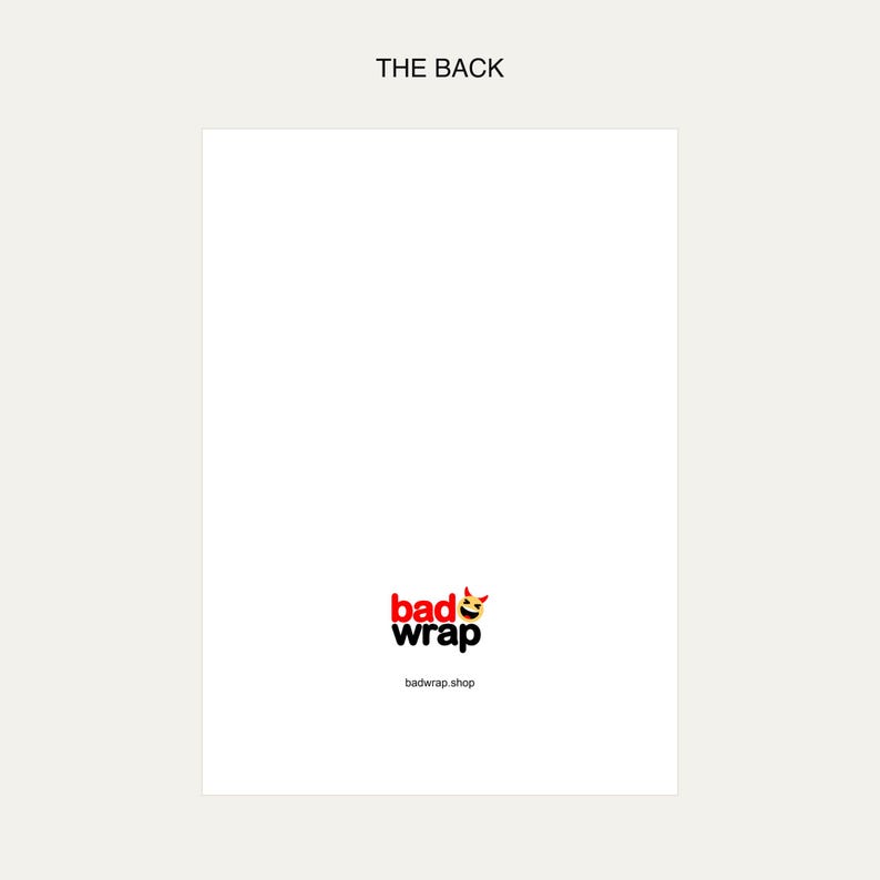 Product diagram showing the white card back with the red-and-black BADWRAP logo and badwrap.shop near the bottom.