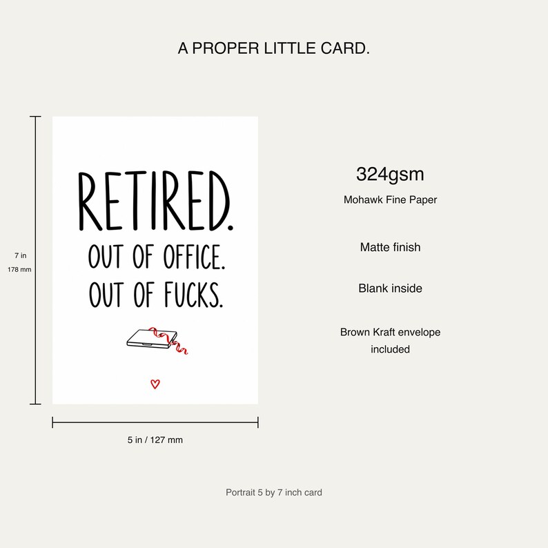 Card size and materials diagram: 7 by 5 inches, nominal 178 by 127 mm, 324gsm matte Mohawk Fine Paper, blank inside, with a brown Kraft envelope included.