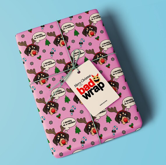 I Identify as a Reindeer funny dog Christmas wrapping paper by Bad Wrap