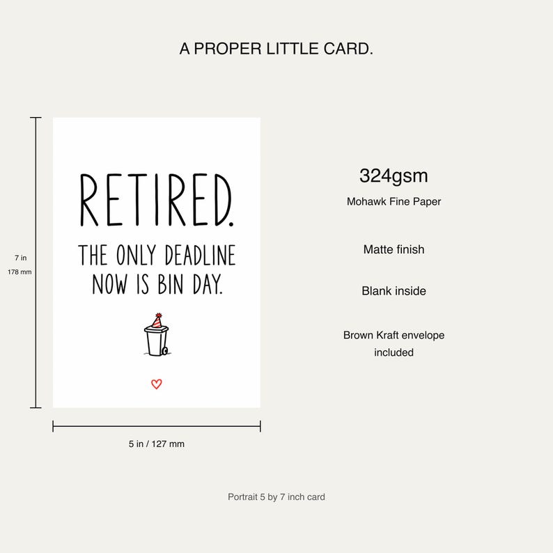 Card size and materials diagram: 7 by 5 inches, nominal 178 by 127 mm, 324gsm matte Mohawk Fine Paper, blank inside, with a brown Kraft envelope included.