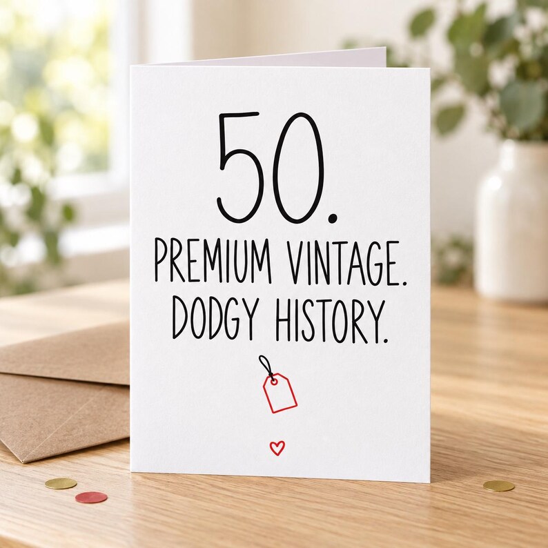 Lifestyle mock-up of a standing card reading “50. PREMIUM VINTAGE. DODGY HISTORY.” with a small red auction tag. On a wooden table beside a Kraft envelope and red/gold confetti.