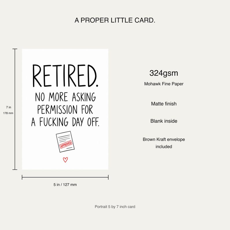 Card size and materials diagram: 7 by 5 inches, nominal 178 by 127 mm, 324gsm matte Mohawk Fine Paper, blank inside, with a brown Kraft envelope included.