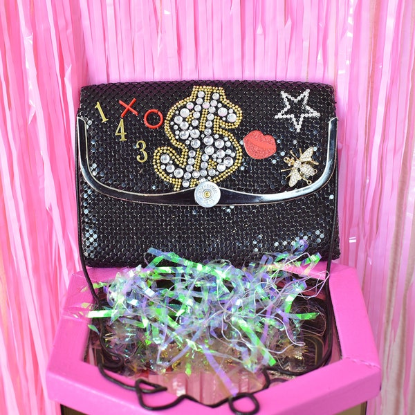 x~Love Money 143 Rhinestone Dollar Sign Black Sequin & Gold Purse Bag~x