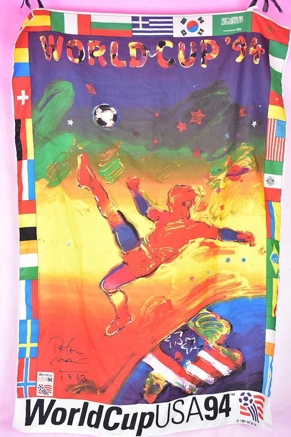 X~rare Authentic Signed Peter Max 1994 World Cup Silk Scarf Poster