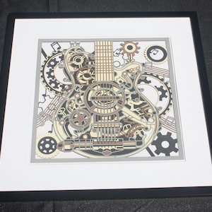 Art mural mandala guitare, art mural multicouche en papier cartonné, déco steampunk, art guitare 3D découpé au laser, art mural musique, oeuvre d'art encadrée