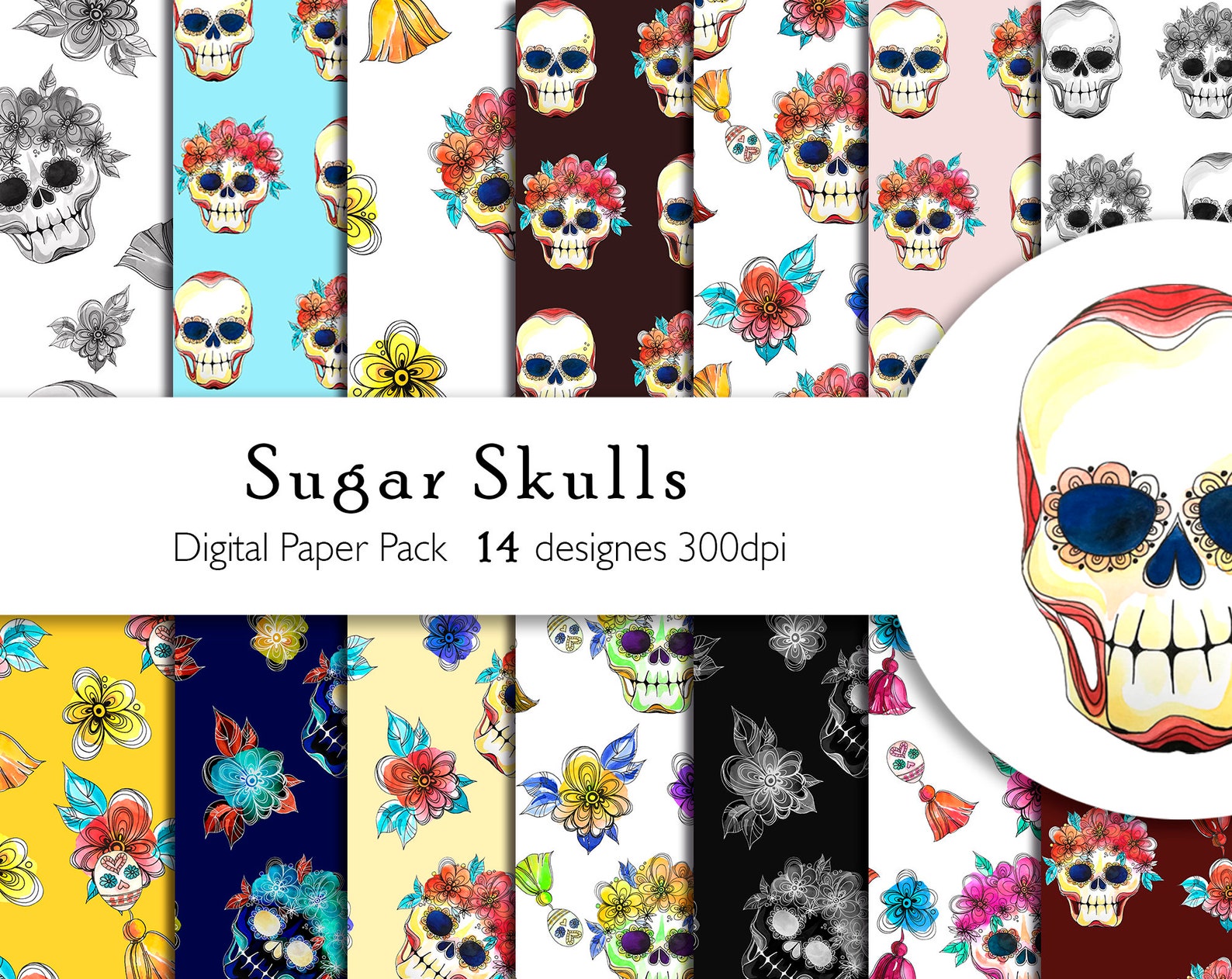 Sugar Skulls Digital Paper Day of the Dead Pattern Halloween | Etsy