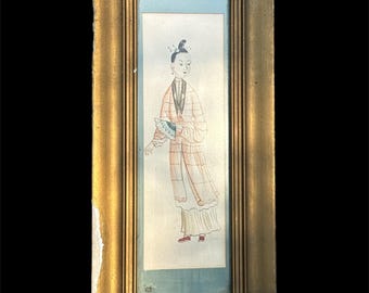 Antique Chinese Original Art Asian Woman Holding Fan Matted & Framed Picture