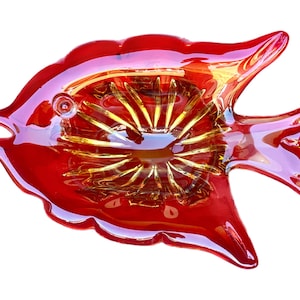 Murano Style Art Glass Fish Bowl Vintage Mid Century Red Candy Dish Decor
