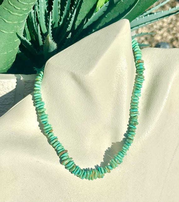 Vintage Natural Turquoise Stone Bead Necklace 15.5” Sterling  display picture 1