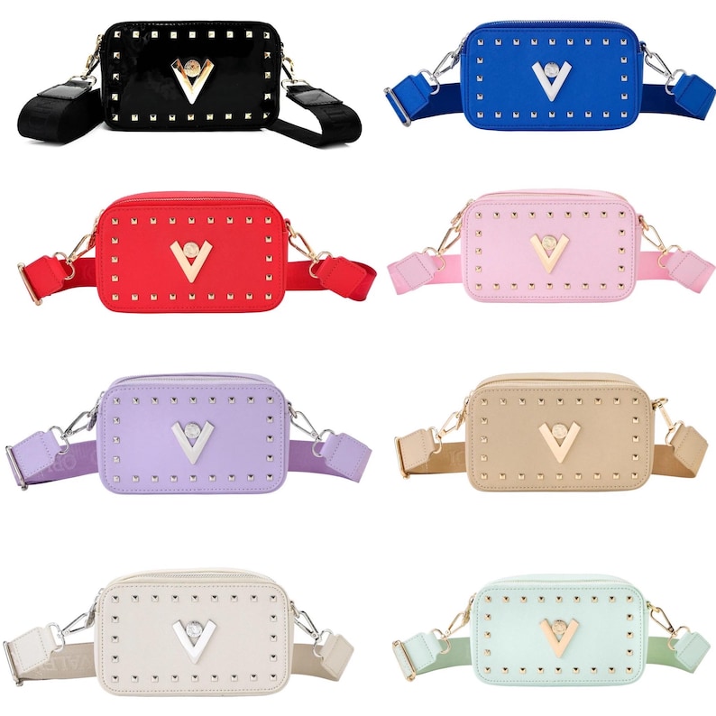 Neue Valentino Orlandi Crossbody Kameratasche Geldbeutel Schwarz Gold Hardware Mit Tags UVP 280 Italy Pink, Lavendel, Rot, Taupe, Weiß, Grau & Blau Bild 2