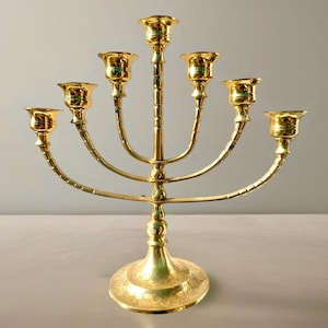 Vintage 11” Tall Polished Brass Gold Tone Metal Candelabra Menorah 7 Branch Rotating Arms Candle Holder