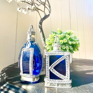 French Antique Filigree Perfume Bottle LT Piver Paris Blue Glass Set Lot of 2