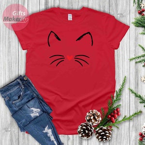 Chemise chat Kitty Chaton T Shirt I Love Cats Funny Present T-shirt Animal Lover Visage de moustaches Chemise mignonne damour de chat, cadeaux pour elle Red