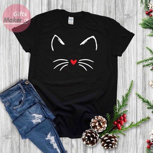 Chemise chat Kitty Chaton T Shirt I Love Cats Funny Present T-shirt Animal Lover Visage de moustaches Chemise mignonne damour de chat, cadeaux pour elle Black