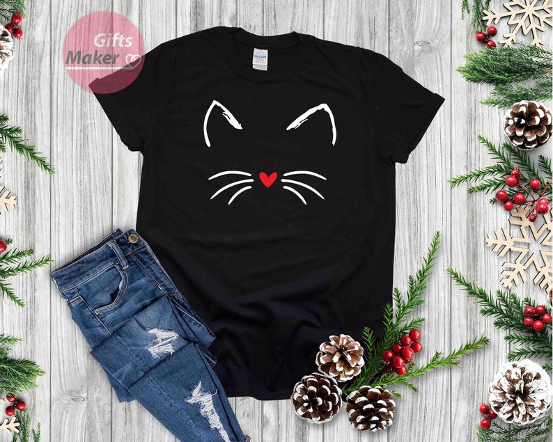 Chemise chat Kitty Chaton T Shirt I Love Cats Funny Present T-shirt Animal Lover Visage de moustaches Chemise mignonne damour de chat, cadeaux pour elle Black