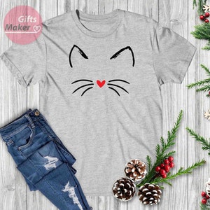 Chemise chat Kitty Chaton T Shirt I Love Cats Funny Present T-shirt Animal Lover Visage de moustaches Chemise mignonne damour de chat, cadeaux pour elle Grey