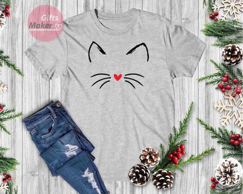 Chemise chat Kitty Chaton T Shirt I Love Cats Funny Present T-shirt Animal Lover Visage de moustaches Chemise mignonne damour de chat, cadeaux pour elle Grey