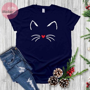 Chemise chat Kitty Chaton T Shirt I Love Cats Funny Present T-shirt Animal Lover Visage de moustaches Chemise mignonne damour de chat, cadeaux pour elle Navy Blue