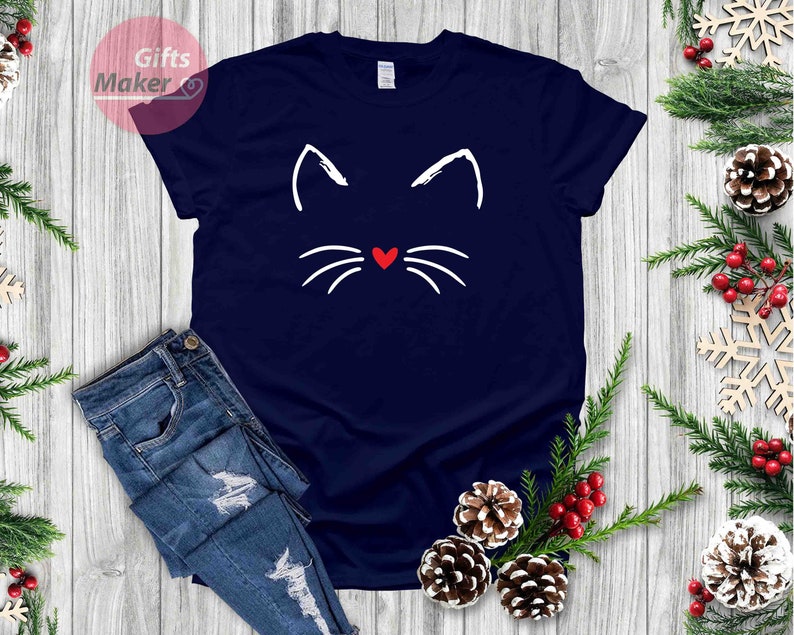 Chemise chat Kitty Chaton T Shirt I Love Cats Funny Present T-shirt Animal Lover Visage de moustaches Chemise mignonne damour de chat, cadeaux pour elle Navy Blue