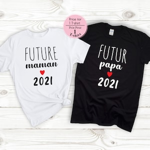 Ankündigung Schwangerschaft T-Shirt Paar, futur papi, zukünftige mamie, zukünftige eltern, futur cousin,cousine,tata,papa,maman,soeur,frère, France Bild 1