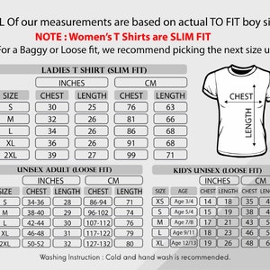 May include: Size chart for women's and unisex t-shirts. The chart shows chest and length measurements in inches and centimeters for different sizes. The chart also includes a note that women's t-shirts are slim fit and unisex t-shirts are loose fit.