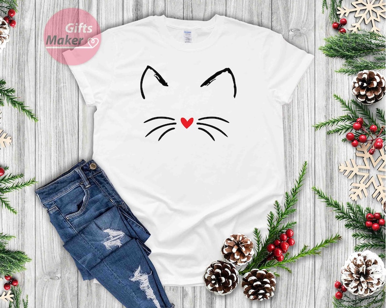 Chemise chat Kitty Chaton T Shirt I Love Cats Funny Present T-shirt Animal Lover Visage de moustaches Chemise mignonne damour de chat, cadeaux pour elle White