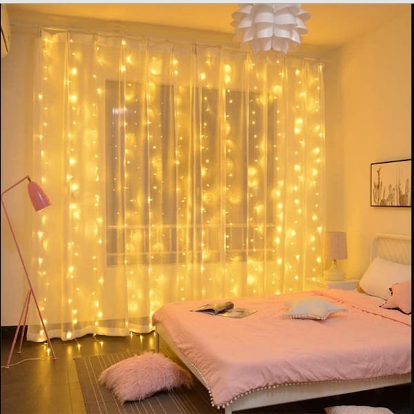 Led Curtain Fairy Lights Télécommande, Lumière de guirlande de Noël, Guirlandes lumineuses LED, Fête, Jardin, Intérieur-Extérieur, Décor de mariage pour chambre