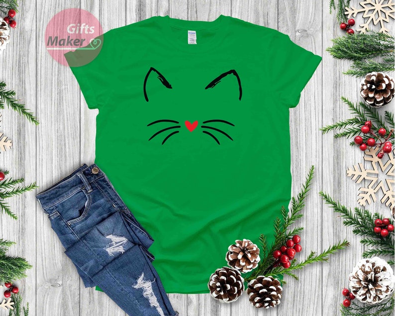 Chemise chat Kitty Chaton T Shirt I Love Cats Funny Present T-shirt Animal Lover Visage de moustaches Chemise mignonne damour de chat, cadeaux pour elle Green