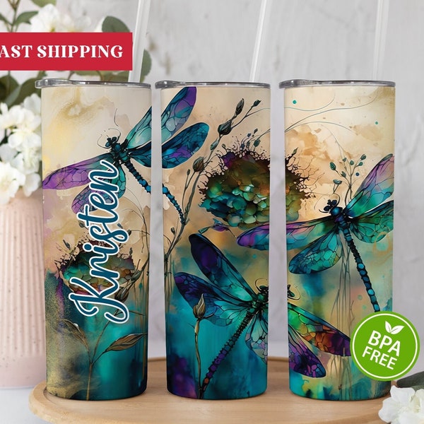 Personalized Dragonfly Tumbler With Name, Dragonfly Gifts, Dragonfly Tumbler With Lid and Straw, Dragonfly Gifts For Women, Dragonfly Cup