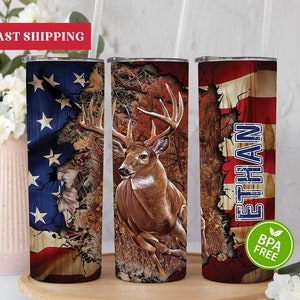 Personalized Deer Hunting Tumbler, Deer Hunting Gifts For Men, Deer Hunting Tumbler With Straw, American Flag Deer Hunting Tumbler