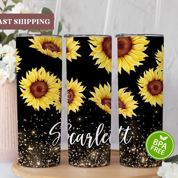 Sunflower Glitter Tumbler, Personalized Sunflower Tumbler, Sunflower Black Tumbler, Sunflower Gifts For Women, Sunflower Lover Gifts