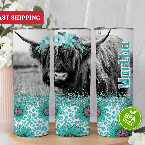 Personalized Floral Highland Cow Tumbler, Highland Cow Gifts For Women, Teal Highland Cow Tumbler Cup, Highland Cow Tumbler Cup With Straw