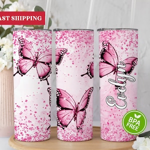 Personalized Pink Butterflies Tumbler, Butterfly Gifts For Women, Butterfly Tumbler With Straw, Butterfly Lover Gifts, Butterfly Cup