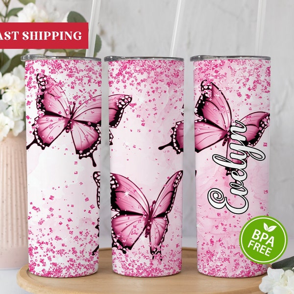 Personalized Pink Butterflies Tumbler, Butterfly Gifts For Women, Butterfly Tumbler With Straw, Butterfly Lover Gifts, Butterfly Cup
