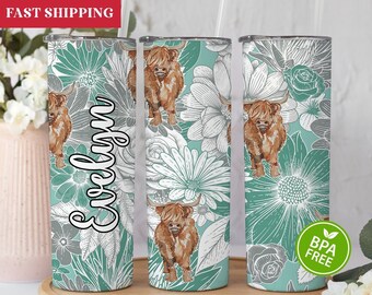 Personalized Highland Cow Daisies Tumbler, Highland Cow Gifts, Floral Daisies Highland Cow Tumbler With Straw, Highland Cow Gifts For Women