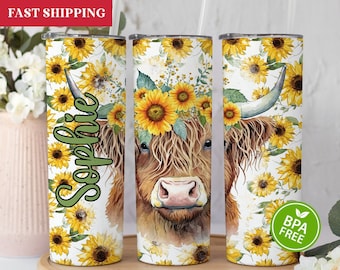 Personalized Highland Cow Tumbler With Name, Highland Cow Gifts, Highland Cow Sunflower Tumbler With Lid and Straw, Highland Cow Gift Women