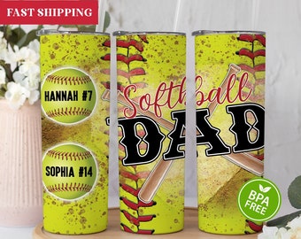 Personalized Softball Dad Tumbler, Softball Dad Gifts For Men, Softball Dad Tumbler Cup With Straw, Softball Dad Cup With Kids Names